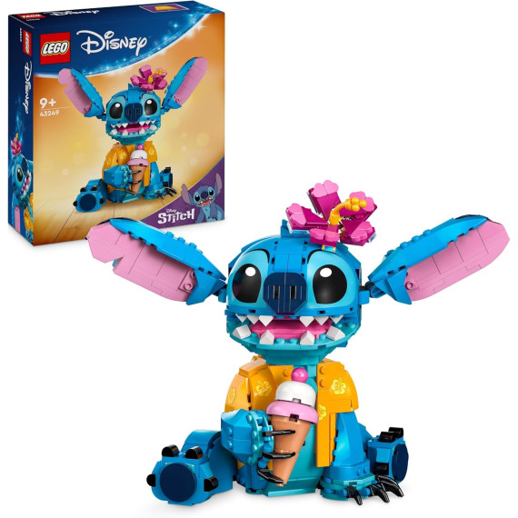 Stitch con camicia hawaiana, fiore e cono gelato.