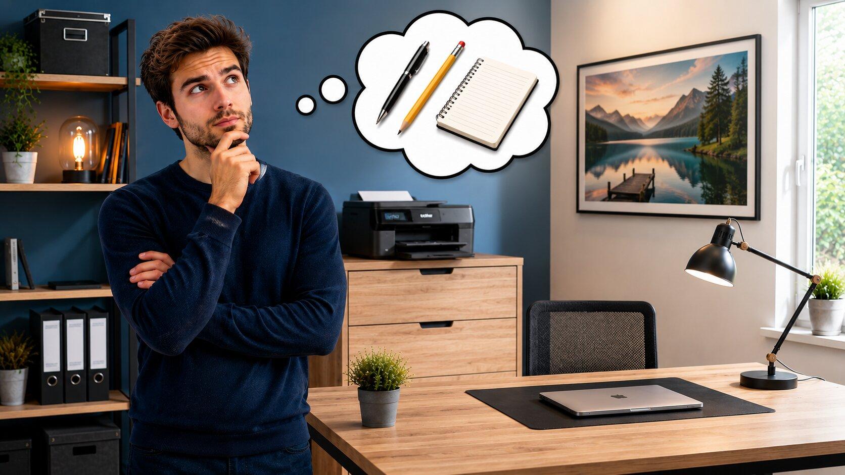 ragazzo che si chiede cosa comprare per il suo nuovo ufficio