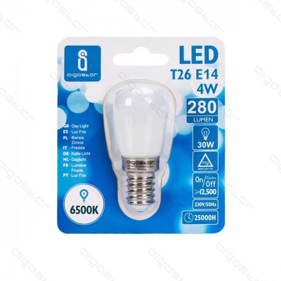 LAMPADINA LED PER FRIGO T26 4W E14 280 LUMEN 6500K LUCE FREDDA W26H59.5mm -  LUCE REFRIGERATORE - AIGOSTAR